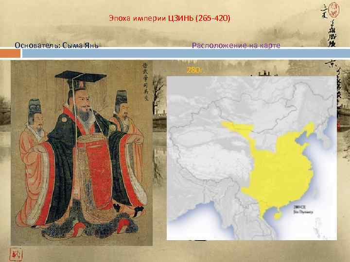 Эпоха империи ЦЗИНЬ (265 -420) Основатель: Сыма Янь Расположение на карте 280 г. 