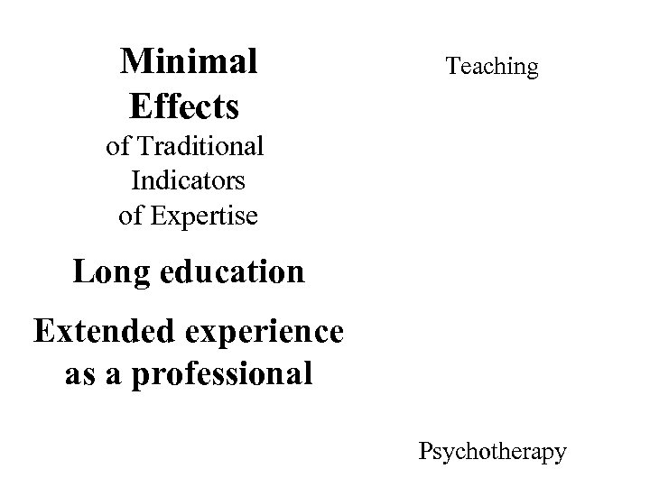 Minimal Effects Teaching of Traditional Indicators of Expertise Long education Extended experience as a