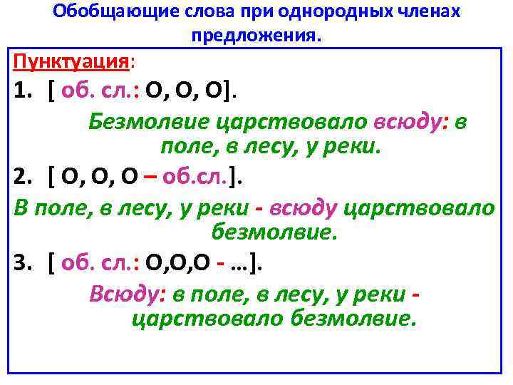 Обобщающие слова при однородных членах предложения. Пунктуация: 1. [ об. сл. : О, О,