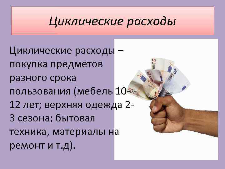 Циклические расходы – покупка предметов разного срока пользования (мебель 1012 лет; верхняя одежда 23