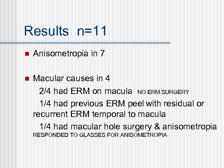 Results n=11 n Anisometropia in 7 n Macular causes in 4 2/4 had ERM