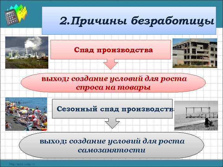 2. Причины безработицы Спад производства выход: создание условий для роста спроса на товары Сезонный