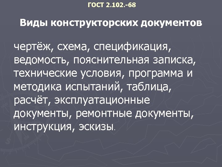 ГОСТ 2. 102. -68 Виды конструкторских документов чертёж, схема, спецификация, ведомость, пояснительная записка, технические