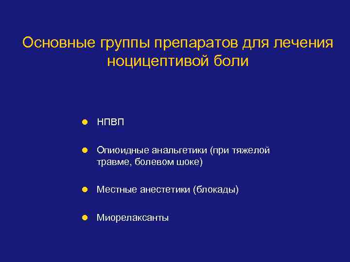 Основные группы препаратов для лечения ноцицептивой боли l НПВП l Опиоидные анальгетики (при тяжелой