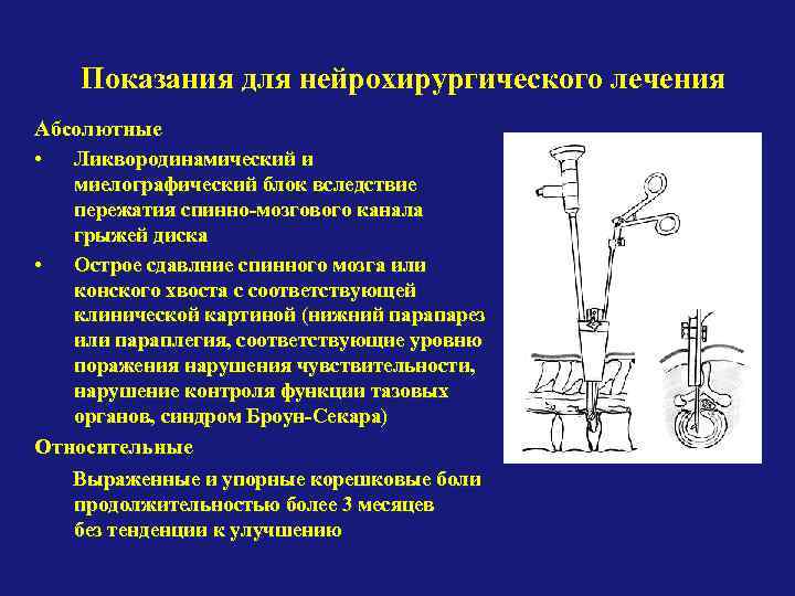 Показания для нейрохирургического лечения Абсолютные • Ликвородинамический и • миелографический блок вследствие пережатия спинно-мозгового