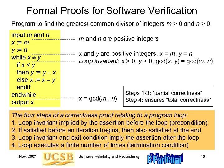Formal Proofs for Software Verification Program to find the greatest common divisor of integers