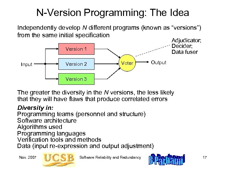 N-Version Programming: The Idea Independently develop N different programs (known as “versions”) from the