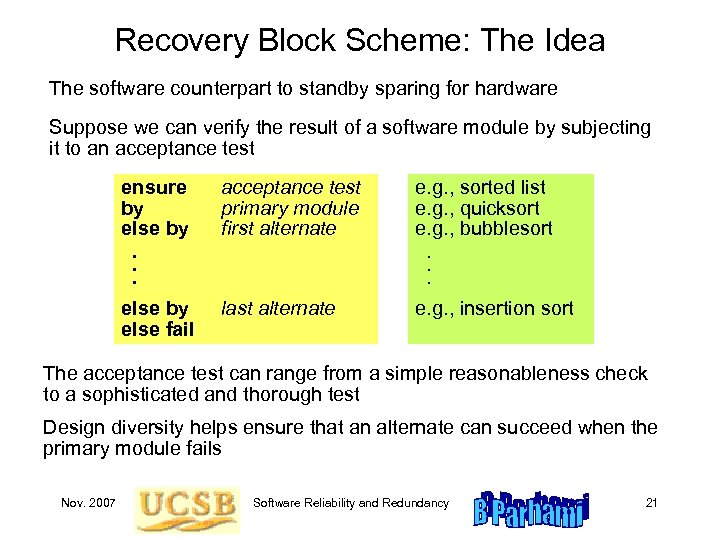 Recovery Block Scheme: The Idea The software counterpart to standby sparing for hardware Suppose