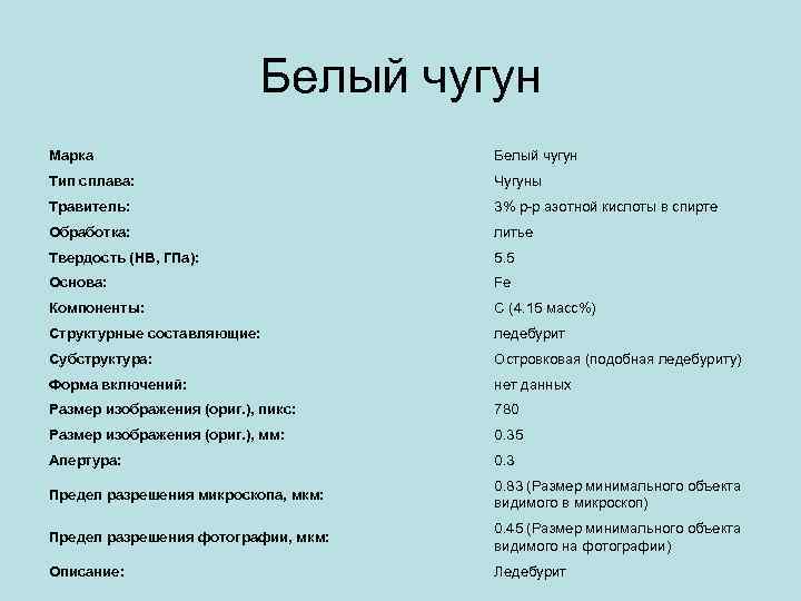 Белый чугун Марка Белый чугун Тип сплава: Чугуны Травитель: 3% р-р азотной кислоты в