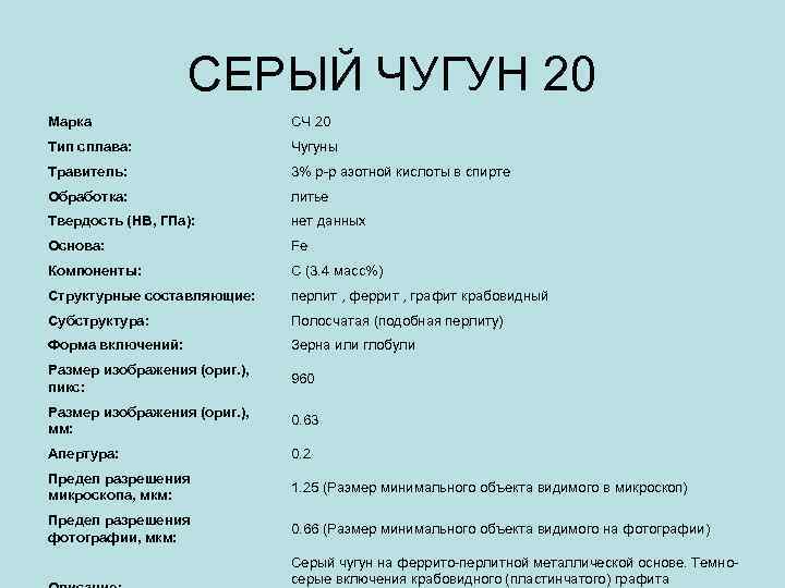 СЕРЫЙ ЧУГУН 20 Марка СЧ 20 Тип сплава: Чугуны Травитель: 3% р-р азотной кислоты