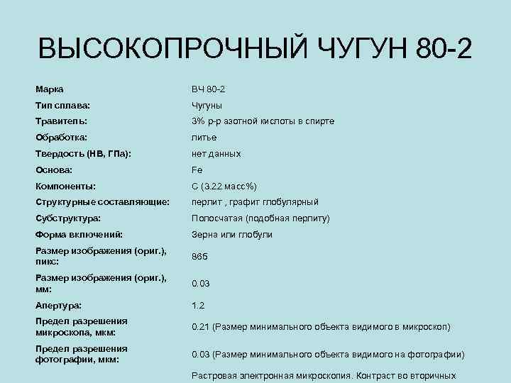 ВЫСОКОПРОЧНЫЙ ЧУГУН 80 -2 Марка ВЧ 80 -2 Тип сплава: Чугуны Травитель: 3% р-р