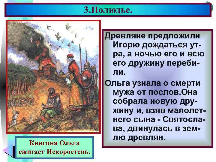 3. Полюдье. Княгиня Ольга сжигает Искоростень. Меню Древляне предложили Игорю дождаться утра, а ночью