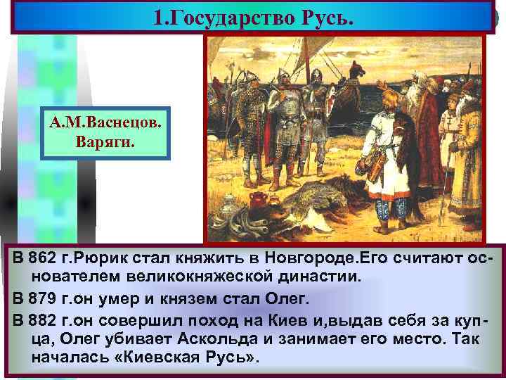 1. Государство Русь. Меню А. М. Васнецов. Варяги. В 862 г. Рюрик стал княжить