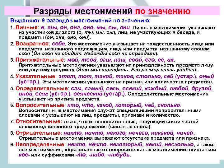 Разряды местоимений по значению Выделяют 9 разрядов местоимений по значению: 1. Личные: я, ты,