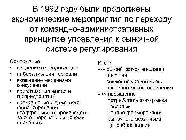 В 1992 году были продолжены экономические мероприятия по переходу от командно-административных принципов управления к