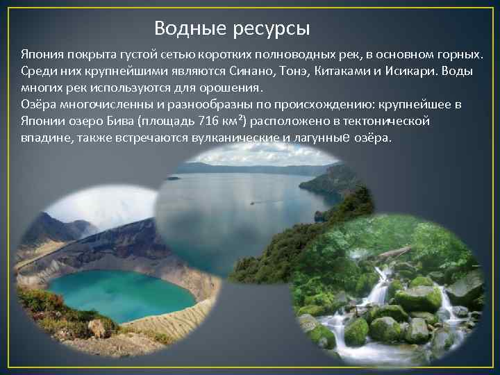 Водные ресурсы Япония покрыта густой сетью коротких полноводных рек, в основном горных. Среди них