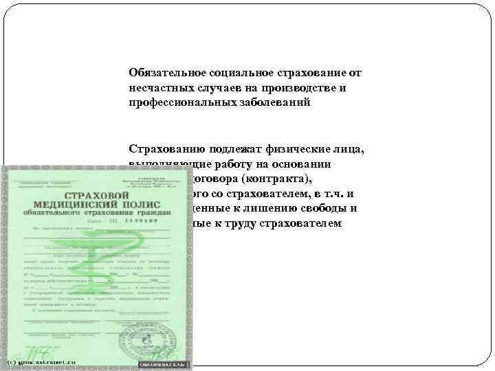 Обязательное социальное страхование от несчастных случаев на производстве и профессиональных заболеваний Страхованию подлежат физические