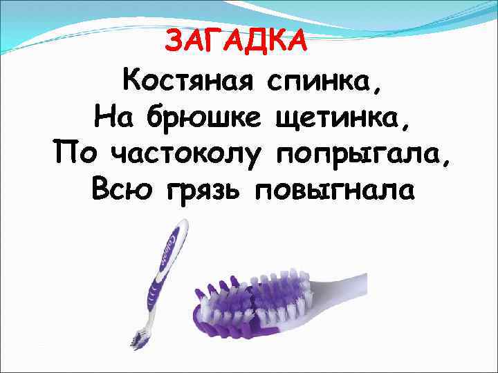 ЗАГАДКА Костяная спинка, На брюшке щетинка, По частоколу попрыгала, Всю грязь повыгнала 