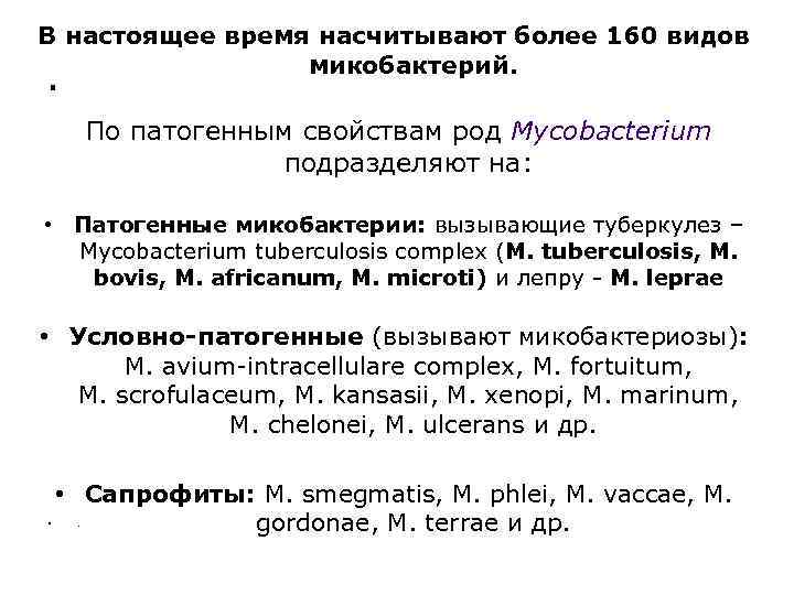 В настоящее время насчитывают более 160 видов микобактерий. . По патогенным свойствам род Mycobacterium