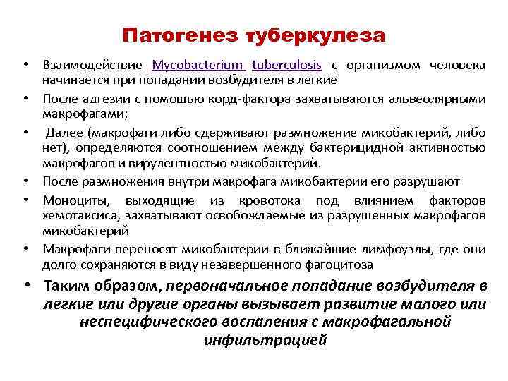 Патогенез туберкулеза • Взаимодействие Mycobacterium tuberculosis с организмом человека начинается при попадании возбудителя в