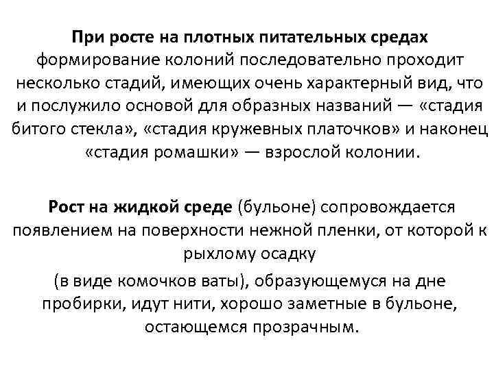 При росте на плотных питательных средах формирование колоний последовательно проходит несколько стадий, имеющих очень