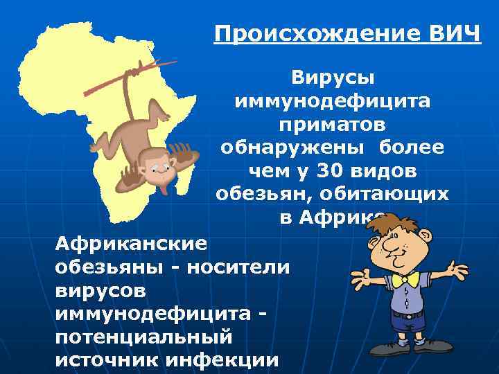 Происхождение ВИЧ Вирусы иммунодефицита приматов обнаружены более чем у 30 видов обезьян, обитающих в