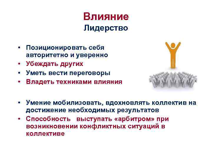 Влияние Лидерство • Позиционировать себя авторитетно и уверенно • Убеждать других • Уметь вести