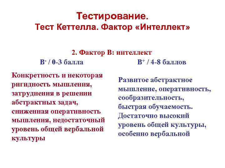 Тестирование. Тест Кеттелла. Фактор «Интеллект» 2. Фактор В: интеллект B- / 0 -3 балла