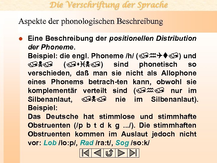 Die Verschriftung der Sprache Aspekte der phonologischen Beschreibung l Eine Beschreibung der positionellen Distribution