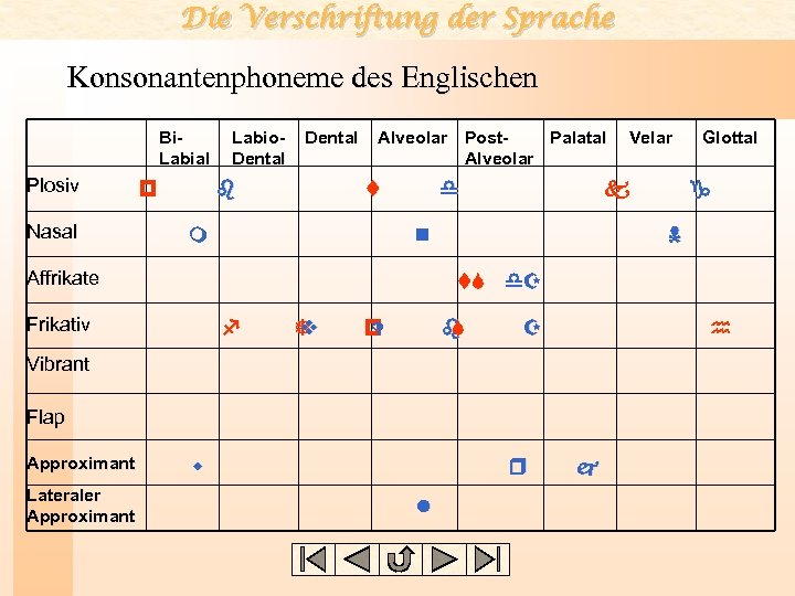 Die Verschriftung der Sprache Konsonantenphoneme des Englischen Bi. Labial Plosiv Nasal Labio. Dental p