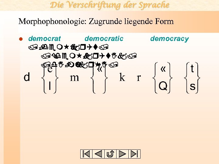 Die Verschriftung der Sprache Morphophonologie: Zugrunde liegende Form l democratic /È dem Ç kr.