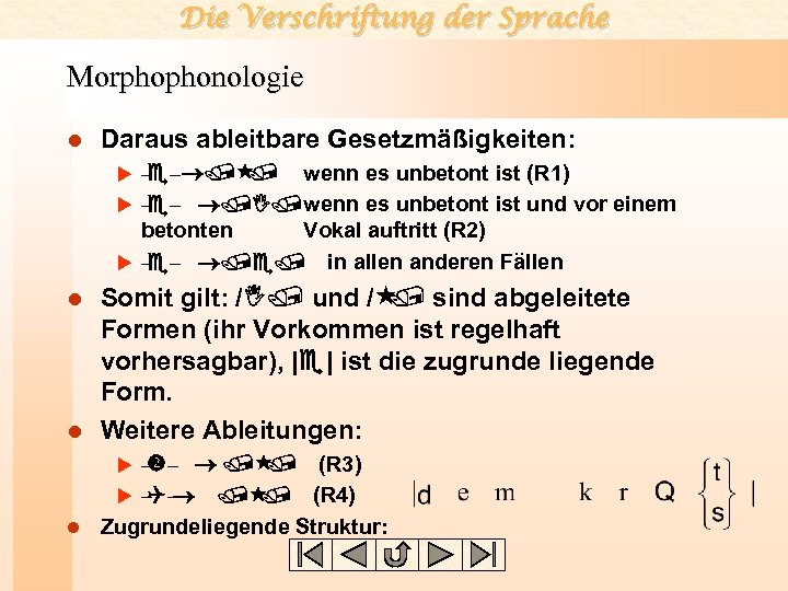 Die Verschriftung der Sprache Morphophonologie l Daraus ableitbare Gesetzmäßigkeiten: –e– / / wenn es