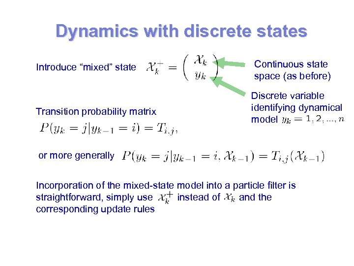 Dynamics with discrete states Introduce “mixed” state Transition probability matrix Continuous state space (as