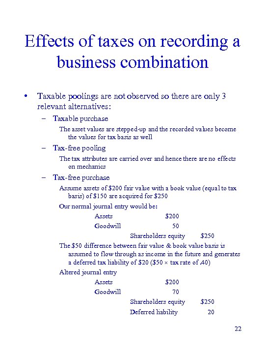 Effects of taxes on recording a business combination • Taxable poolings are not observed