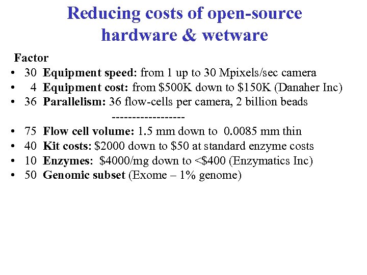 Reducing costs of open-source hardware & wetware Factor • 30 Equipment speed: from 1