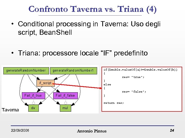 Confronto Taverna vs. Triana (4) • Conditional processing in Taverna: Uso degli script, Bean.