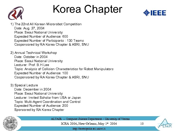 Korea Chapter 1) The 22 nd All Korean Microrobot Competition Date: Aug. 27, 2004