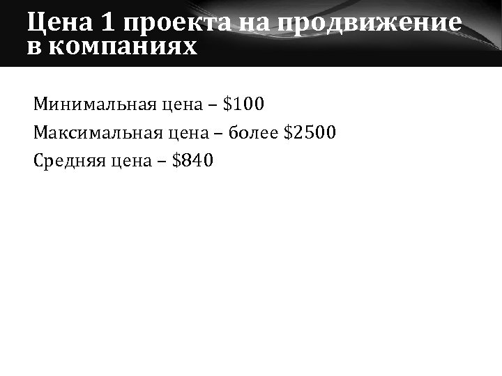 Цена 1 проекта на продвижение в компаниях Минимальная цена – $100 Максимальная цена –