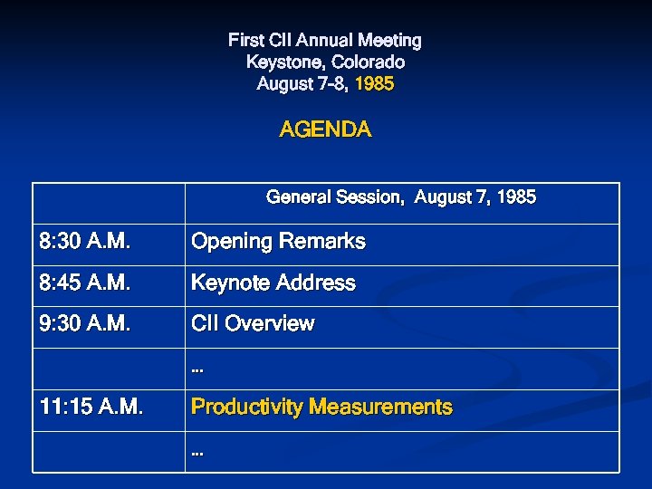 First CII Annual Meeting Keystone, Colorado August 7 -8, 1985 AGENDA General Session, August