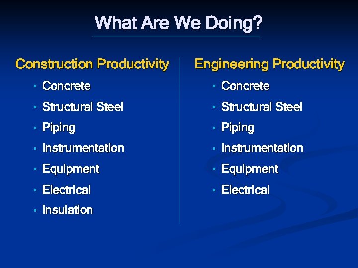 What Are We Doing? Construction Productivity Engineering Productivity • Concrete • Structural Steel •