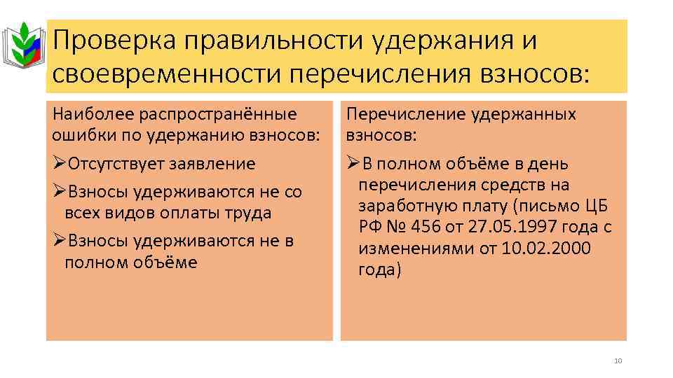 Проверка правильности удержания и своевременности перечисления взносов: Наиболее распространённые ошибки по удержанию взносов: ØОтсутствует