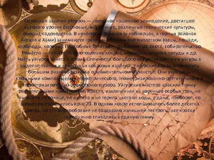 Основные занятия уйгуров — поливное пашенное земледелие, достигшее высокого уровня (зерновые, масличные, различные технические