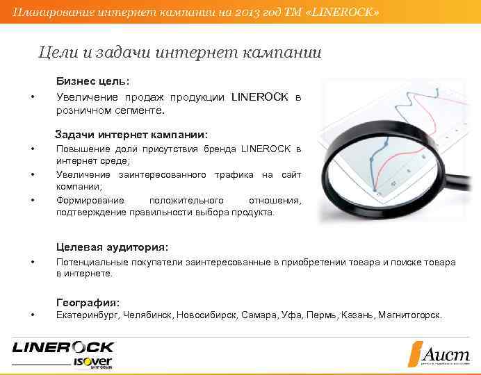 Цели и задачи интернет кампании • Бизнес цель: Увеличение продаж продукции LINEROCK в розничном