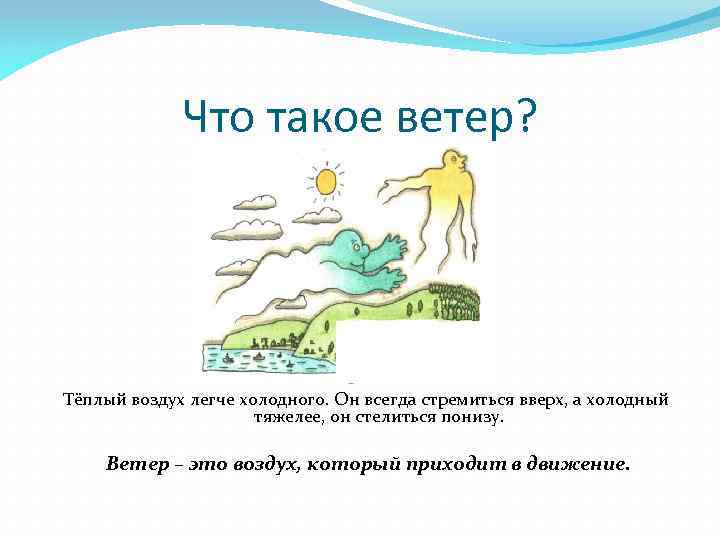 Что такое ветер? Тёплый воздух легче холодного. Он всегда стремиться вверх, а холодный тяжелее,