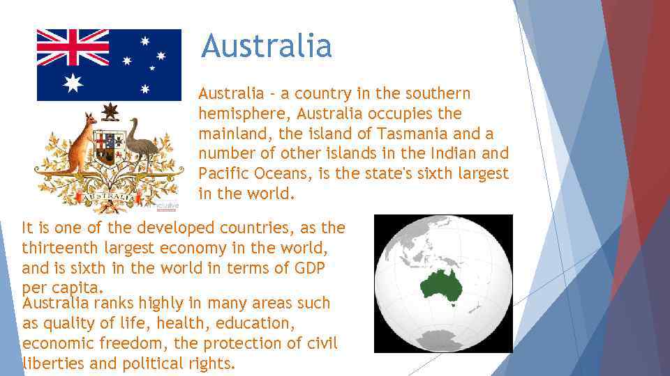 Australia - a country in the southern hemisphere, Australia occupies the mainland, the island