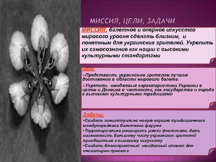 МИССИЯ, ЦЕЛИ, ЗАДАЧИ МИССИЯ: балетное и оперное искусство мирового уровня сделать близким, и понятным