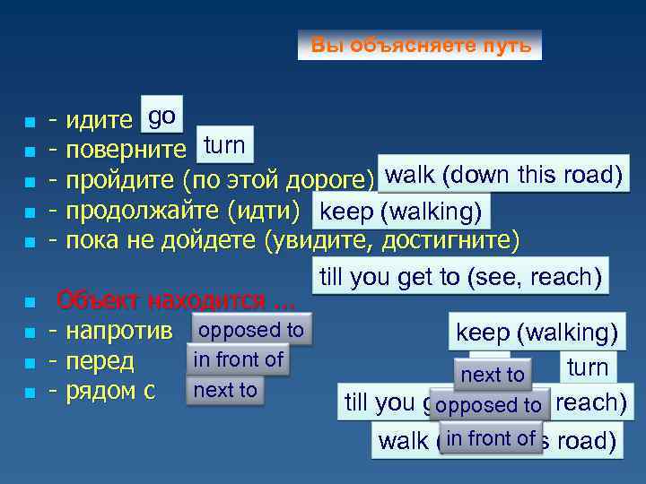 Вы объясняете путь n n n n n - идите go - поверните turn