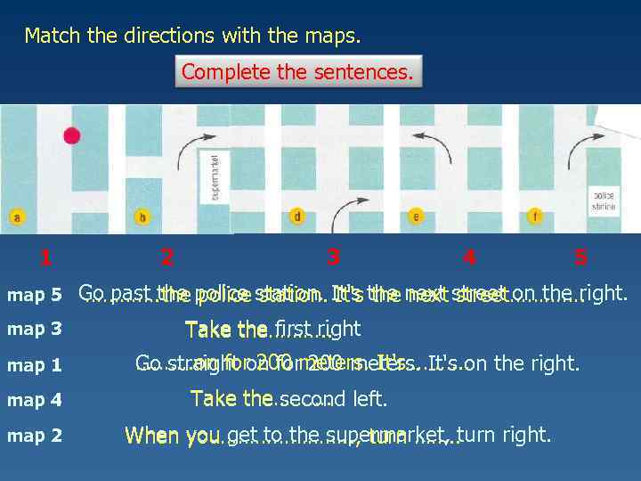 Match the directions with the maps. Complete the sentences. 1 2 3 4 5
