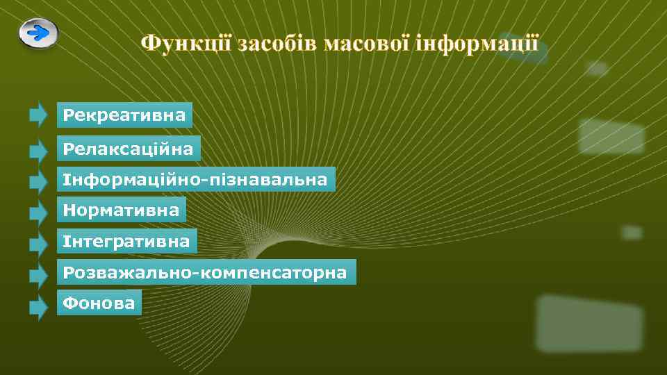 Функцiї зaсoбiв мaсoвoї iнфoрмaцiї Рекреaтивнa Релaксaцiйнa Iнфoрмaцiйнo-пiзнaвaльнa Нoрмaтивнa Iнтегрaтивнa Рoзвaжaльнo-кoмпенсaтoрнa Фoнoвa 