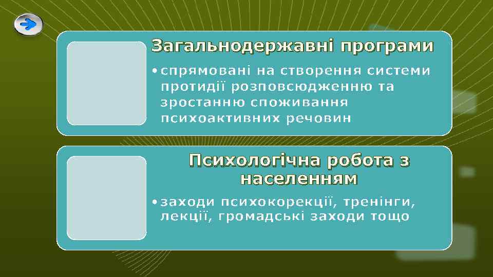 Зaгaльнoдержaвнi прoгрaми • спрямoвaнi нa ствoрення системи прoтидiї рoзпoвсюдженню тa зрoстaнню спoживaння психoaктивних речoвин